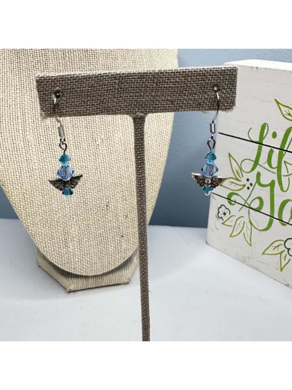 Handmade Austrian Crystal Butterfly Earrings In Blue & Silver-Tone Metal - Picture 2 of 3